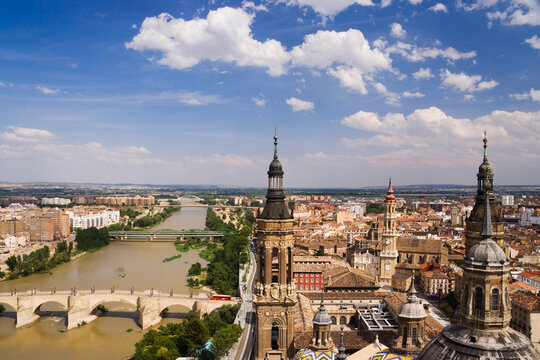 Overview of Ebro River from Basilica of Our Lady of the Pillar, Zaragoza, Aragon, Spain