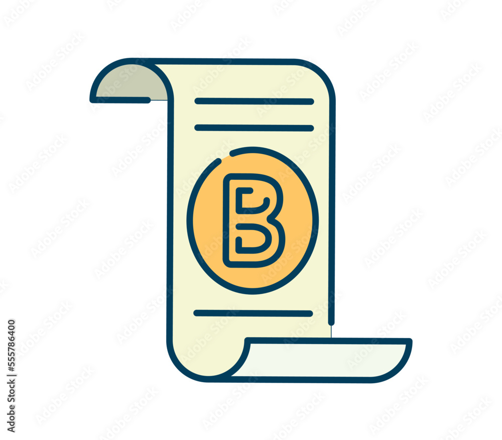 Poster blockchain technology icon. gold coin on document. sticker for social networks and instant messenger