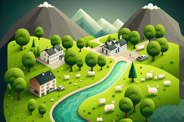 image of a town and rural mountain environment. Background of a cartoon summer green farm field with grazing sheep, an apple orchard, a river and waterfall, and a road leading to farmer dwellin