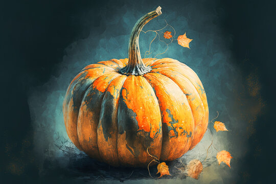 Use blurring methods in digital paint to create a watercolor image of a Halloween pumpkin. Generative AI