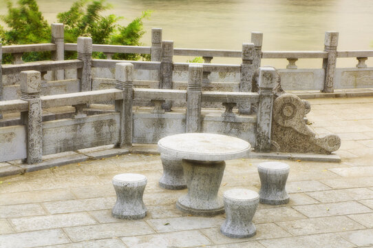 Stone Table and Chairs Near Li Jiang River, Yangshuo, Guangxi Province, China