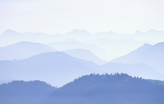 Blauberge and Morning Haze, Kreuth, Bavarian Alps, Bavaria, Germany