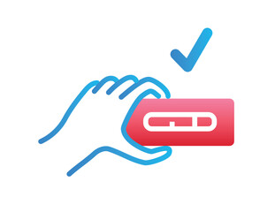 Antibodies flask colorful icon. Character is holding results of test and checking blood for hemoglobin. Health care and regular checks in laboratory. Poster or banner. Cartoon flat vector illustration