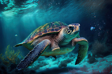 Fototapeta premium Underwater sea turtle strange marine animal underwater turtle. Generative AI