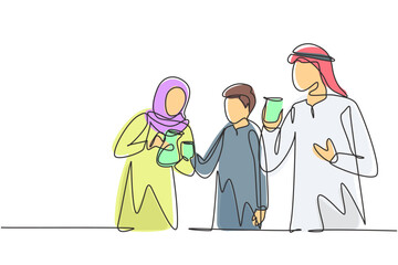 Single continuous line drawing young Arab family celebrate togetherness and holiday by drinking hot tea. Relaxing and refresh moment in life. Dynamic one line draw graphic design vector illustration