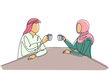 Fototapeta premium Single continuous line drawing young Arabian couple holding a cup of hot coffee, preparing toast to celebrate success of office work project. Dynamic one line draw graphic design vector illustration