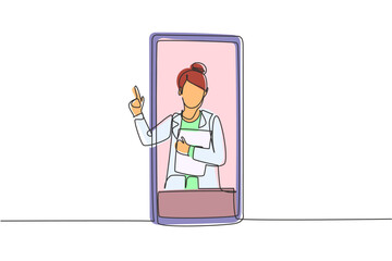 Single one line drawing female doctor comes out of smartphone screen holding clipboard. Online medical services, medical consultation. Modern continuous line draw design graphic vector illustration