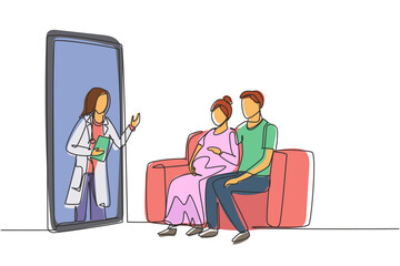 Continuous one line drawing female doctor comes out from smartphone screen facing patient and gives consultation to patient young couple with pregnant wife. Single line draw design vector graphic