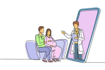 Single one line drawing male doctor comes out from smartphone screen facing patient and gives consultation to patient young couple with pregnant wife. Modern continuous line draw design graphic vector