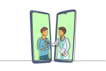 Single one line drawing two smartphones facing each other with male doctor checking heart rate of male patient using stethoscope. Online doctor. Continuous line draw design graphic vector illustration