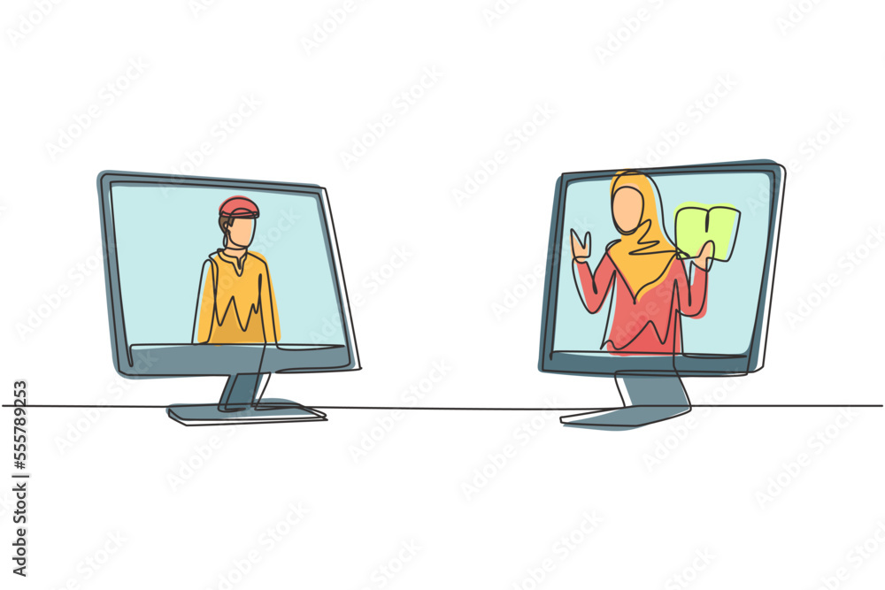 Poster single continuous line drawing two monitors are standing in front of each other, one side contains a