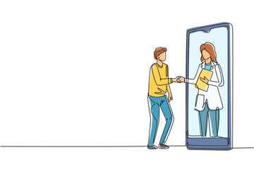 Single one line drawing male patient shaking hands with female doctor in smartphone holding clipboard. Online medical consultation concept. Continuous line draw design graphic vector illustration