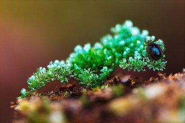 close up of green moss leaved in front of natural blurred background, generative ai