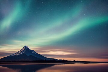 polar lights or aurora borealis over far northern landscape with a lake  mountain in background, generative ai