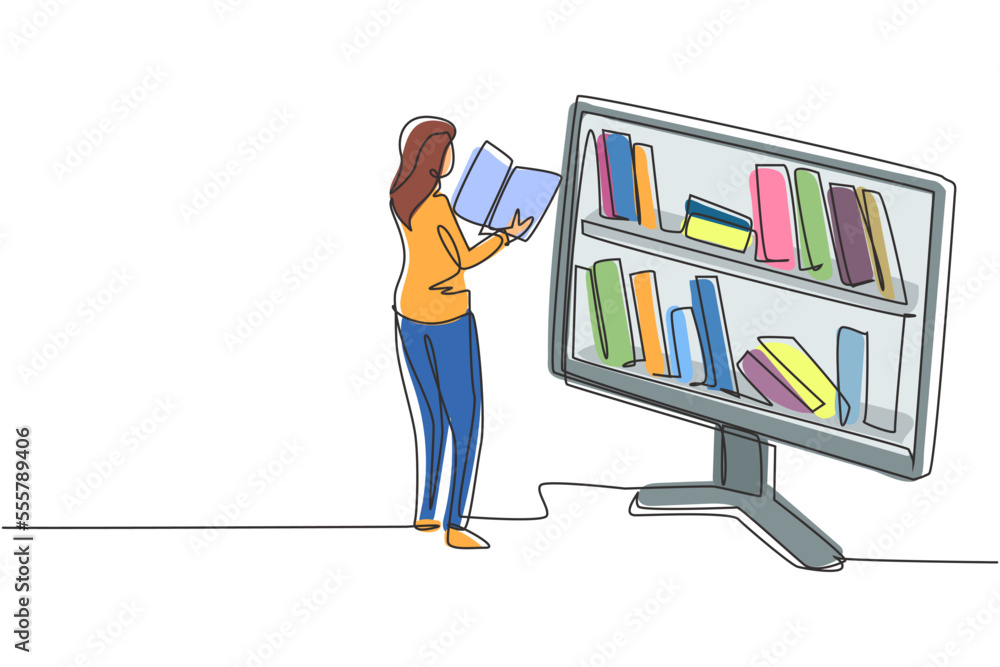 Poster continuous one line drawing female student reading book while standing in front of large monitor wit