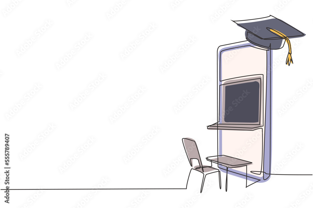 Poster single continuous line drawing empty study chairs and desks facing smartphone screen in which there 