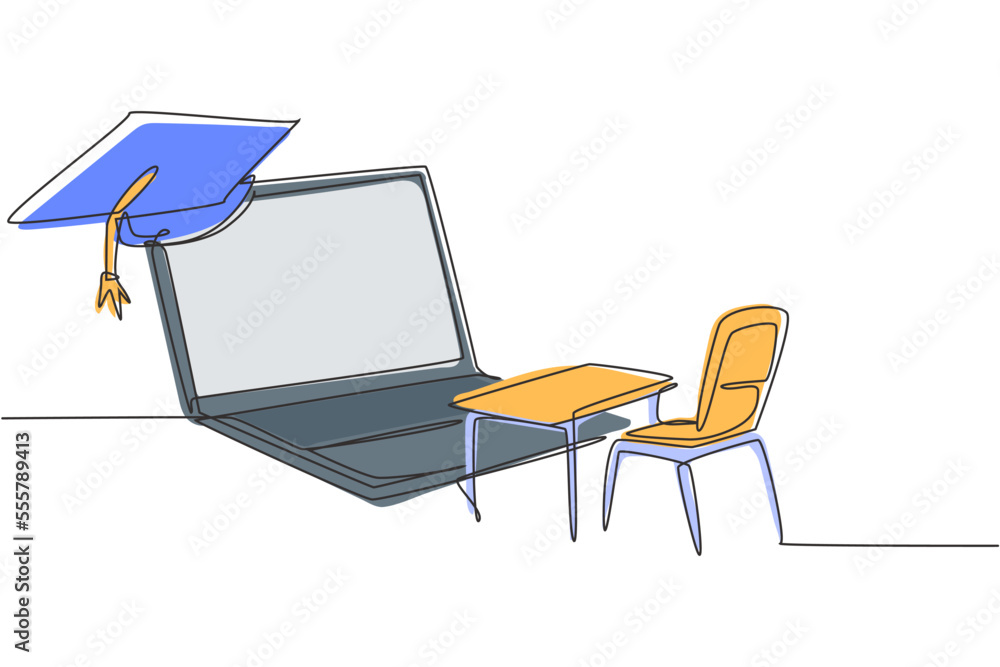 Poster single continuous line drawing empty study chairs and desks facing giant laptop screen in which ther