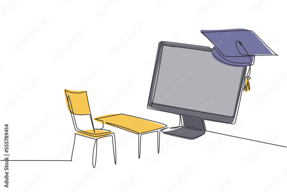 Poster single one line drawing empty study chairs and desks facing giant monitor screen in which there is b