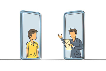 Single one line drawing two smartphones are standing in front of each other, one side contains male junior high school student studying and the other contains male teacher teaching. Draw design vector