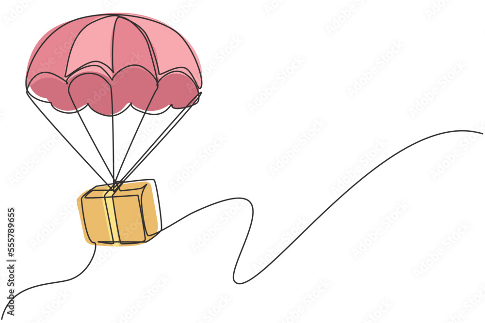 Poster single continuous line drawing box package flies through the sky using parachute. online delivery se