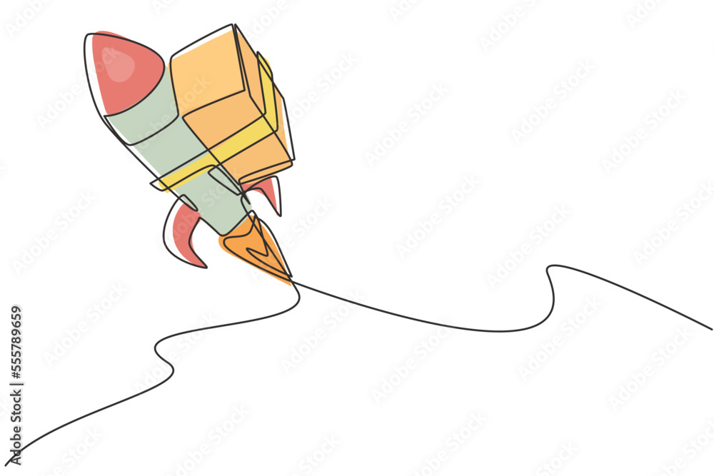 Poster single continuous line drawing box package flies in the sky using rocket. e-commerce. online deliver