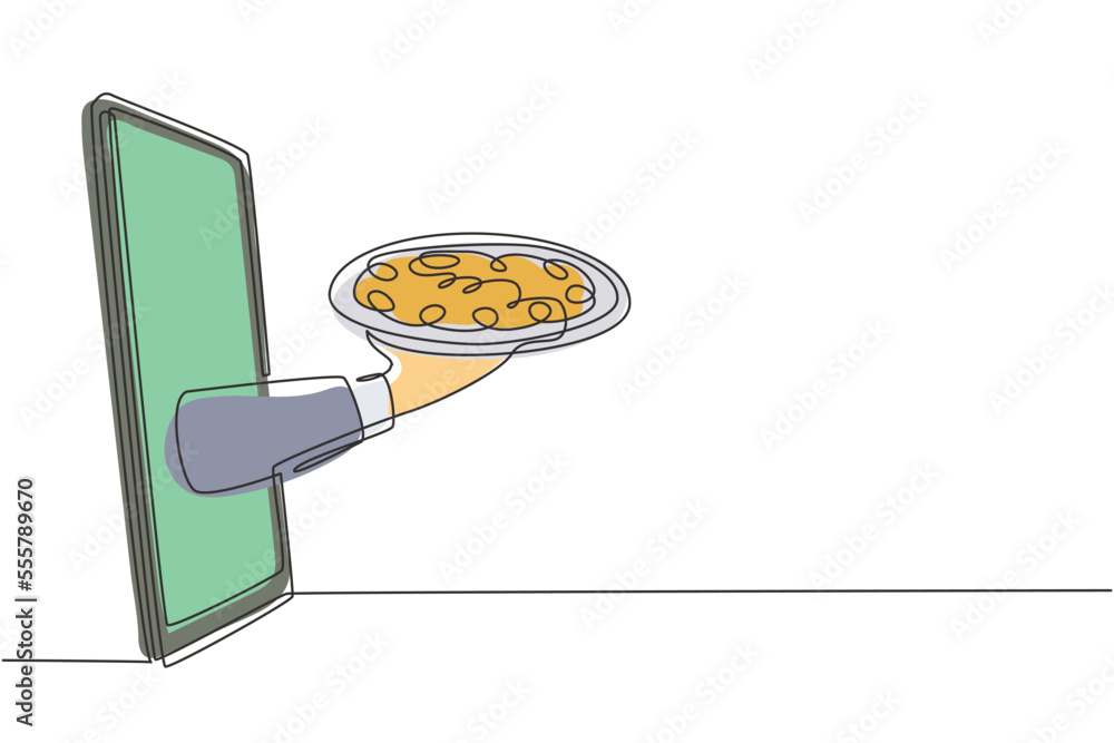 Poster single one line drawing hands out of smartphone screen with tray open to serve pizza. order food dig