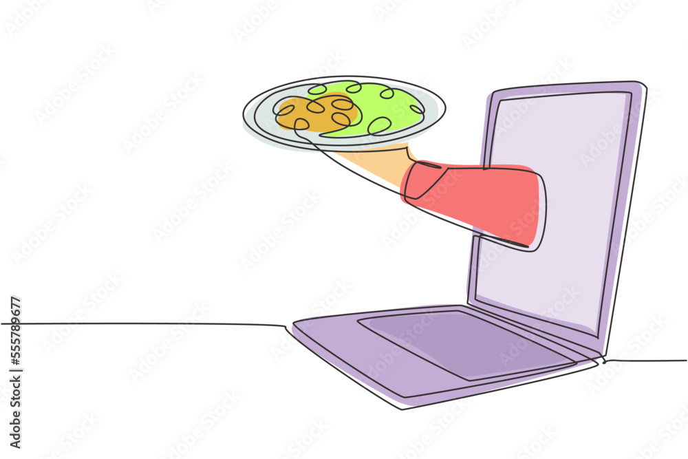 Poster continuous one line drawing hands out of laptop screen with tray open to serve pizza. e-shop. order 