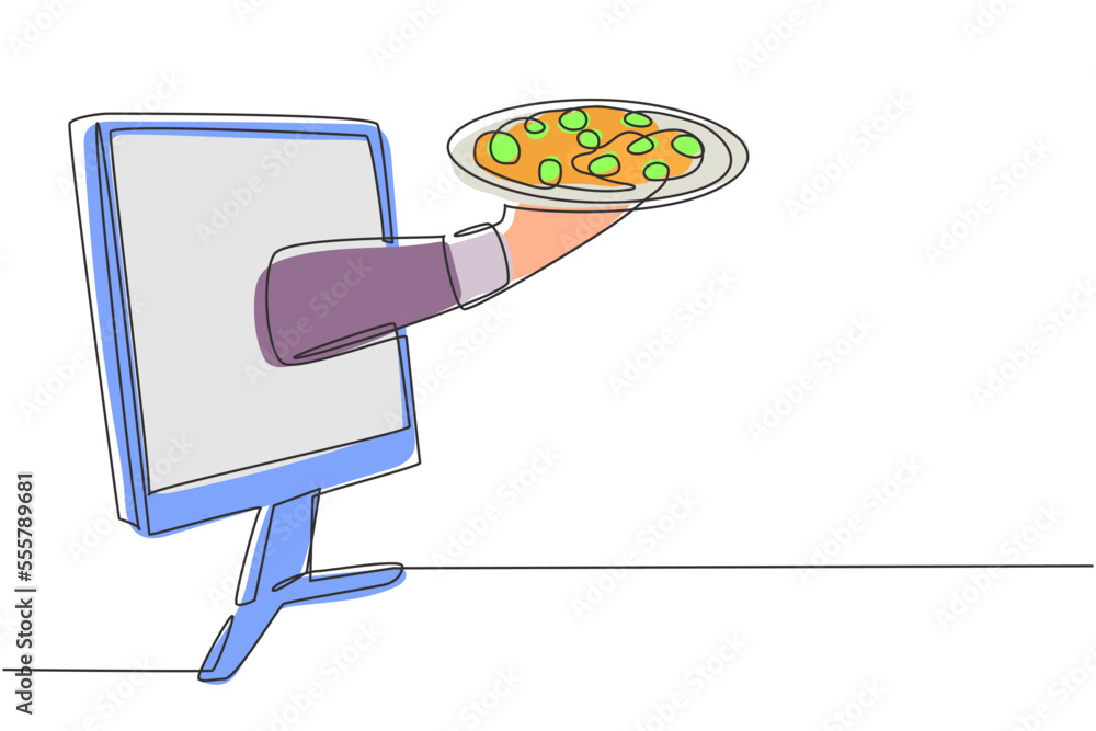 Aufkleber single one line drawing hands out of monitor screen with tray open to serve pizza. order food digita