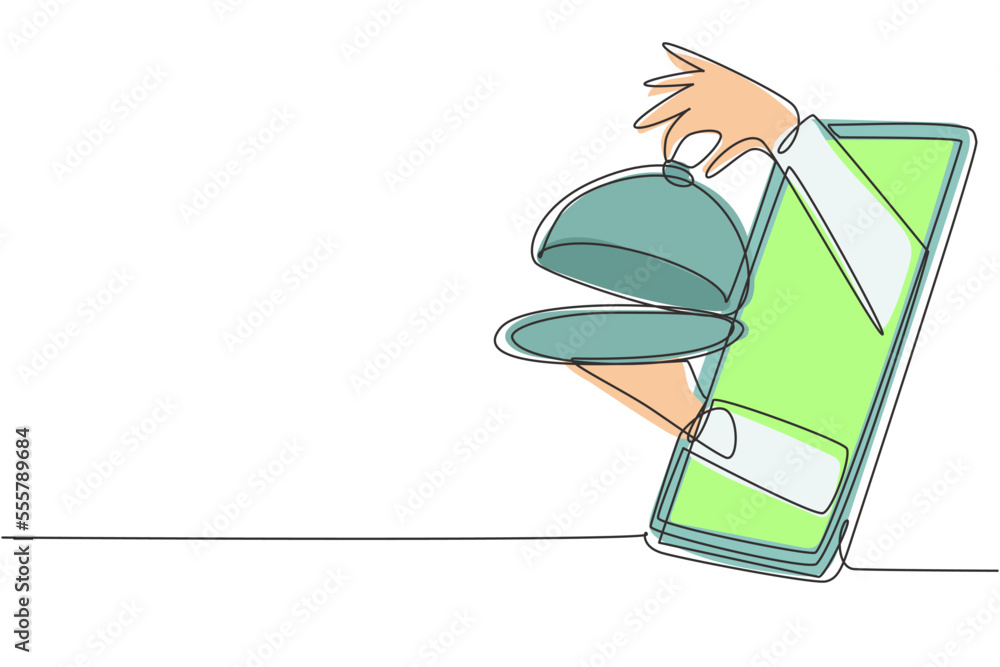 Aufkleber single continuous line drawing hands out of smartphone screen with tray open to serve food. order fo