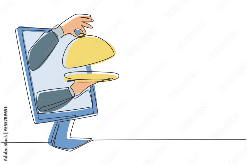 Aufkleber single one line drawing hands out of monitor screen with tray open to serve food. order food digital