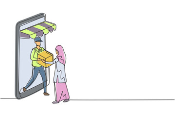 Single one line drawing male courier comes out of giant smartphone screen with canopy and gives package box to hijab female customer. Modern continuous line draw design graphic vector illustration