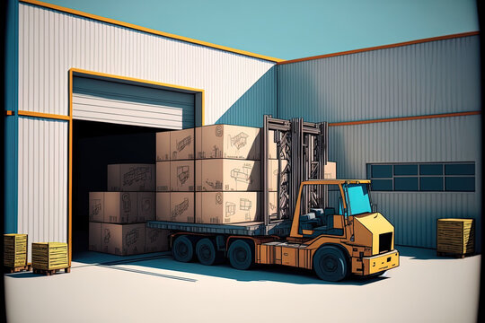 truck forklift and storage facility for the logistics service with boxes. Generative AI