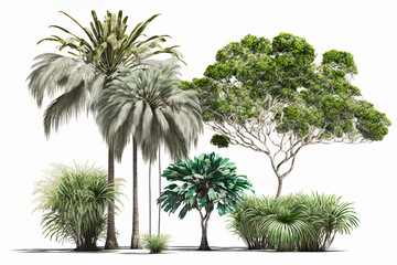Tropical trees isolated in a group on white for usage in design, advertising, and architecture. Generative AI