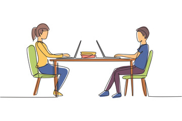 Single continuous line drawing boy and girl students studying with laptop and sitting on chairs around desk. Back to school, online education concept. One line draw graphic design vector illustration