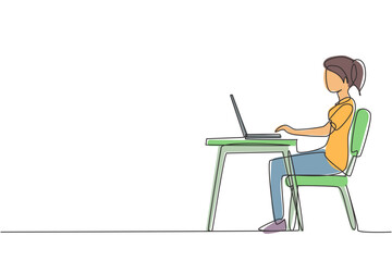 Continuous one line drawing young girl with laptop sitting on chair around desk. Freelance, distance learning, online courses, and studying concept. Single line draw design vector graphic illustration
