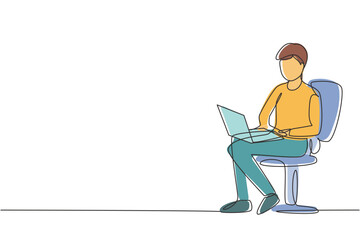 Fototapeta na wymiar Single one line drawing young guy with laptop sitting on the chair. Freelance, distance learning, online courses, and studying concept. Modern continuous line draw design graphic vector illustration