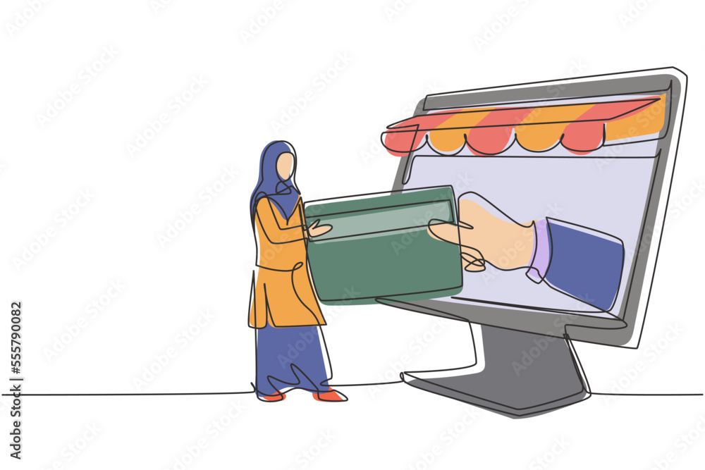 Poster single continuous line drawing arab woman inserting credit card into large canopy monitor screen and