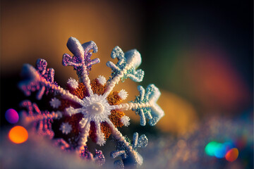 Colorful Snowflake Macro shot, extreme close up of a snowflake that is colorful with rainbow colors and bokeh Generative AI