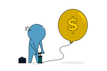 Little blue people pump air into balloon. Investment bubble causing financial crisis. Overvalued stock market or inflation. Balloon with dollar sign are ready to explode. Business Concept.