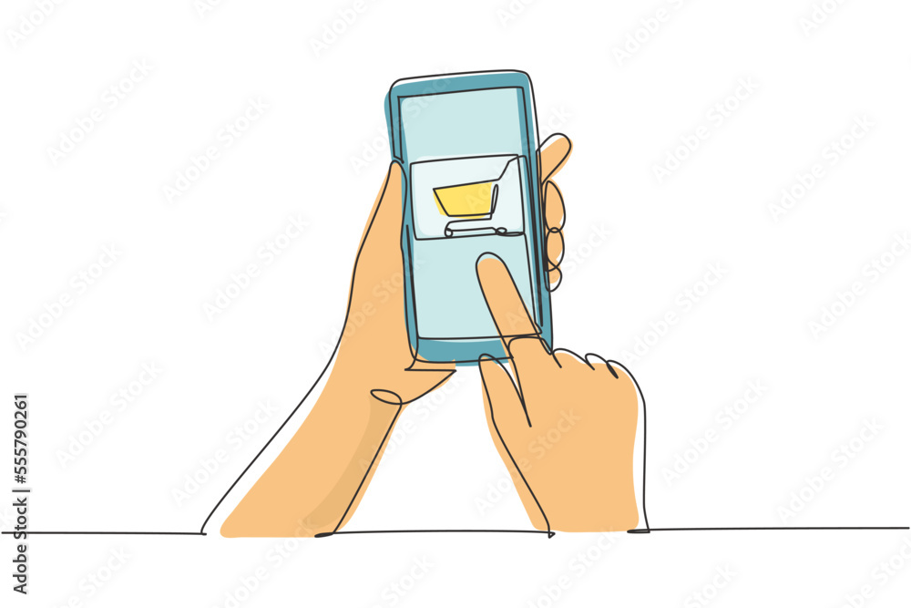 Aufkleber continuous one line drawing hands holding smartphone with shopping cart image and touching screen. d