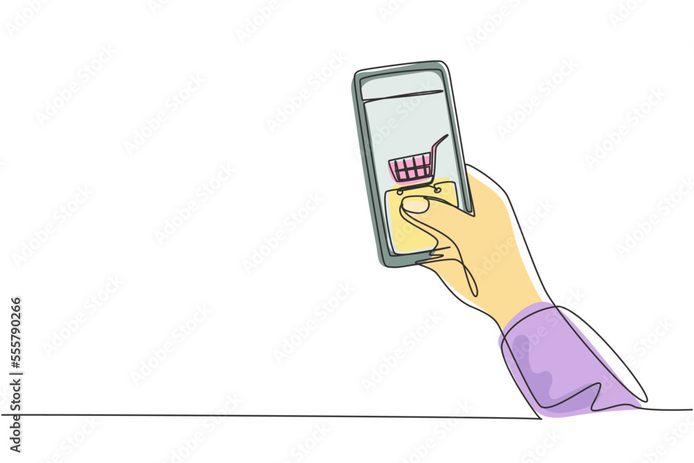 Poster single one line drawing hands holding smartphone with shopping cart image and touching screen. digit