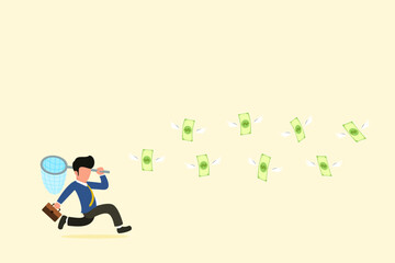 Businessman with a net in his hand chases money. Ambitious and challenging to succeed in business. Career development and motivation to achieve great goals or goals concept. Vector illustration