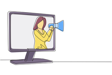 Continuous one line drawing young woman coming out of monitor screen holding megaphone. Offering product with discounts or sale. Marketing concept. Single line draw design vector graphic illustration
