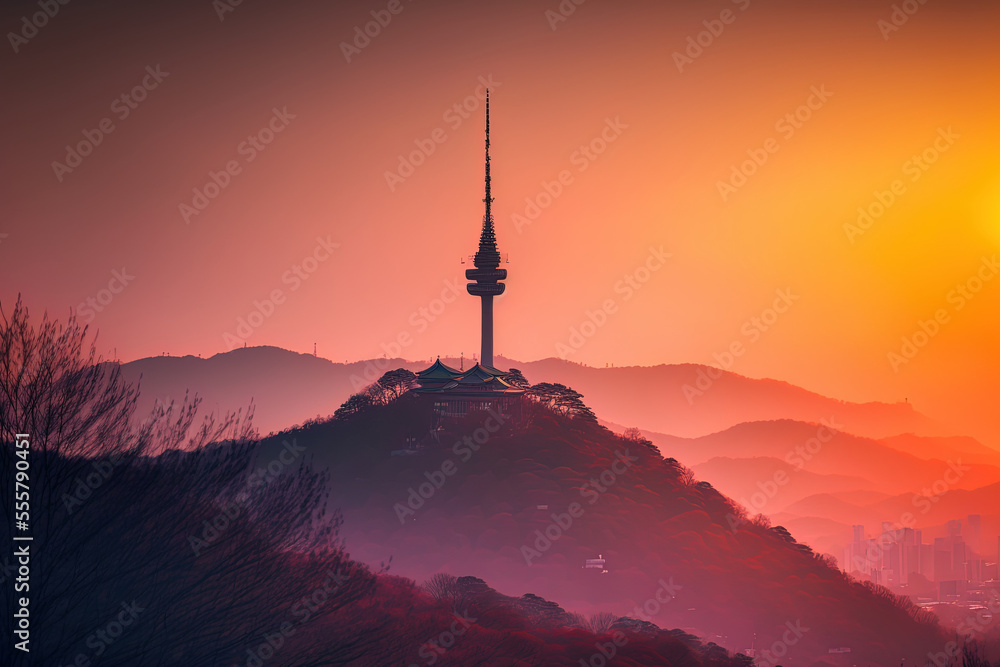 Poster The Namsan Seoul Tower structure cityscape of Seoul at dawn. Generative AI