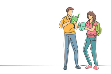 Single continuous line drawing couple woman and man reading together, learning and standing at library. Literature lovers, education concept. Dynamic one line draw graphic design vector illustration