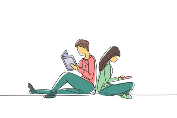 Single continuous line drawing couple students reading together, learning and sitting at park. Literature fans or lovers, education concept. Dynamic one line draw graphic design vector illustration