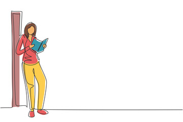 Single continuous line drawing young woman reading, learning and standing on the wall. Study in library. Smart student, education concept. Dynamic one line draw graphic design vector illustration