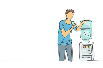 Single one line drawing 
young man drinking fresh water in a glass while standing next to a water dispenser filled with gallons of water. Modern continuous line draw design graphic vector illustration