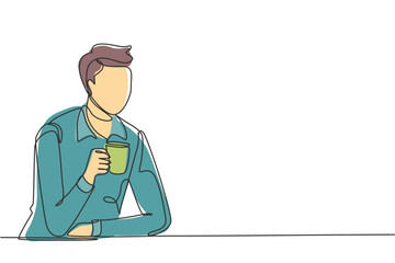 Continuous one line drawing young man sitting and holding a cup of coffee in one hand. Enjoy morning before work at office. Success person concept. Single line draw design vector graphic illustration