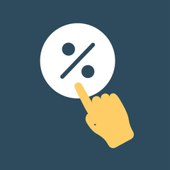 Hand with percent icon. Financial literacy and passive income, calculation of expenses and income, loan payments. Interface for programs and applications, website. Cartoon flat vector illustration